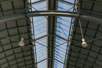 Skylight with light in an old train depot, roof background