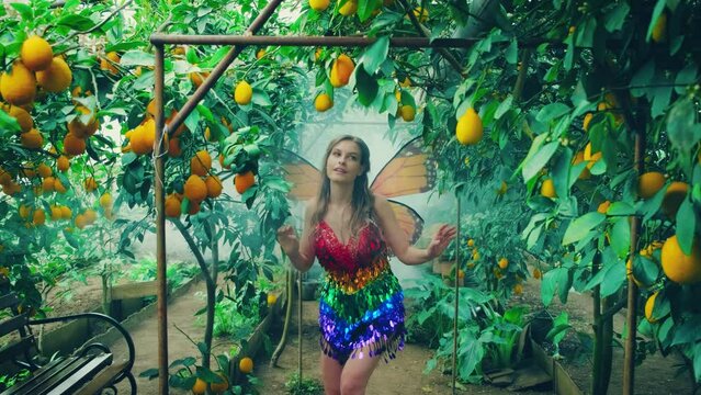 fantasy happy woman fairy walks in jungle fog. Elf girl in carnival costume bright orange monarch butterfly wings. Red shiny dress. Background Garden lemons fruits green tree mystical. Smiling face