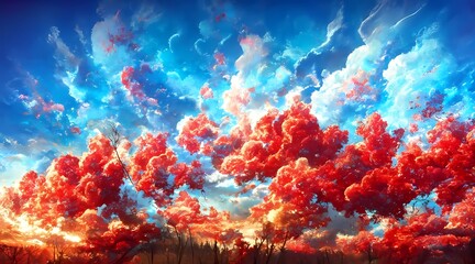 Naklejka na ściany i meble Down Angle Photography of Red Clouds and Blue Sky 