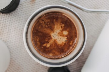 Espresso coffee crema with grind and french press manual equipments.