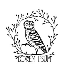 Vector card with hand drawn funny funky Great Grey Owl in floral wreath. Ink drawing, decorative graphic style. Beautiful animal design elements, logo template