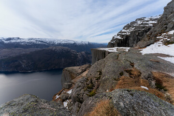 Preikestolen or Prekestolen, a 604 m high cliff in Norway, located by the Lysefjord