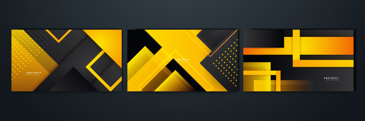 Modern black and yellow golden color shape overlap pattern on dark background with shadow. Abstract trendy color geometric shape with copy space. Futuristic and technology concept. Vector illustration