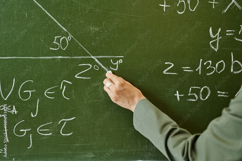 Poster hand of young teacher of geometry drawing triangle with unknown angle while explaining theorem to st
