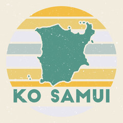Ko Samui logo. Sign with the map of island and colored stripes, vector illustration. Can be used as insignia, logotype, label, sticker or badge of the Ko Samui.