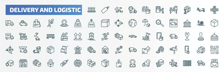special lineal delivery and logistic icons set. outline icons such as conveyor, delivery date, distribution, tracking, logistic ship, boxes, postbox, delivery day, packages, list line icons.