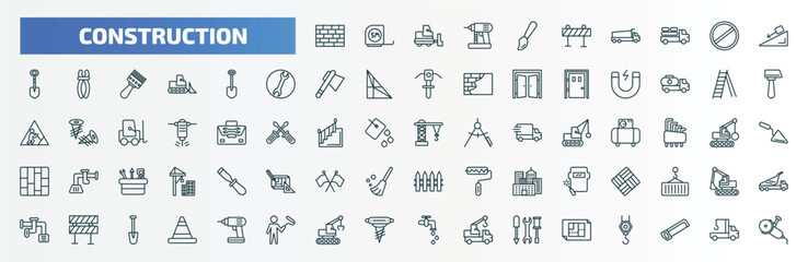 special lineal construction icons set. outline icons such as brickwall, brush, inclined, big shovel, double ladder, derrick facing right, paver, barrier, derrick with tong, house plan line icons.