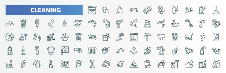 special lineal cleaning icons set. outline icons such as baking soda, sponges, plunger, spray, glass cleaner, hand wash, washing hand, hard water, tampon cleanin, washing clothes line icons.
