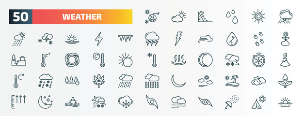 set of 50 special lineal weather icons. outline icons such as climate, thunderstorm, icy, raindrops, degree, blizzard, wildfire, calm, twilight, mist line icons.