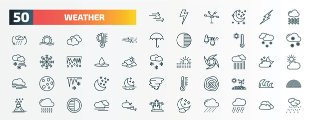 set of 50 special lineal weather icons. outline icons such as breeze, hail, sand storms, ice pellets, deluge, downpour, icicle, isobars, smog, night line icons. - obrazy, fototapety, plakaty