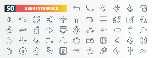 set of 50 special lineal user interface icons. outline icons such as left turn, curve line, crossroad, make, arrow address back, blank left arrow, curve arrows, video play, upload button, 91 c/ldpe