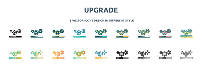 upgrade icon in 18 different styles such as thin line, thick line, two color, glyph, colorful, lineal color, detailed, stroke and gradient. set of upgrade vector for web, mobile, ui - obrazy, fototapety, plakaty
