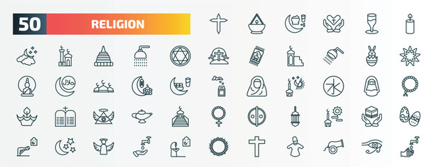 set of 50 special lineal religion icons. outline icons such as cross, candle, blasphemy, easter bunny, islamic ramadan, confucianism, god, arabic lamp, star and crescent moon, christian line icons.
