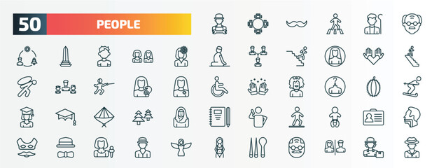 set of 50 special lineal people icons. outline icons such as technician, old man, woman with flower, no racism, sexual harassment, unknown, vietnamese, bast, elegant, korean line icons.