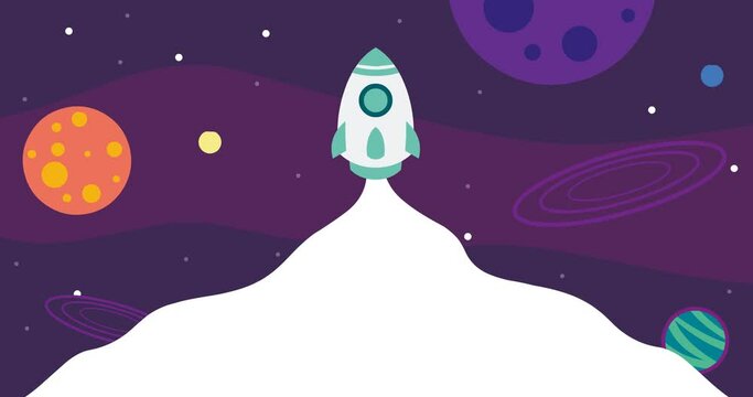 animated space rocket background with planets and stars with empty white space as smoke