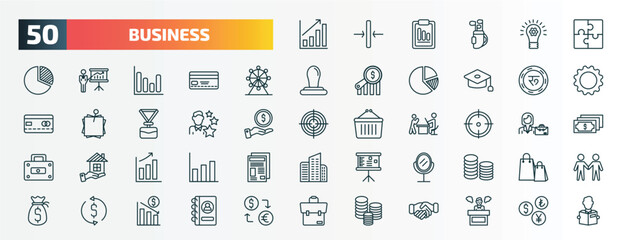 Fototapeta na wymiar set of 50 special lineal business icons. outline icons such as growing bar graph, puzzle game piece, big wheel, nepalese, expert, target, graphic progression, hair salon, money convert, stacks of