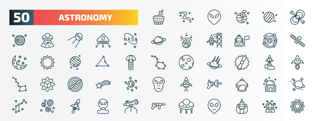 set of 50 special lineal astronomy icons. outline icons such as moonwalker, pulsar, , galaxy, triangulam australe, gamma ray, airscrew, space gun, planets, big ufo line icons. © Farahim