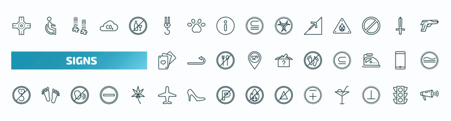 set of 40 special lineal signs icons. outline icons such as junction, hoist, slope, gambling, no step, no hoist, airport, less plus, perpendicular, shout line icons.