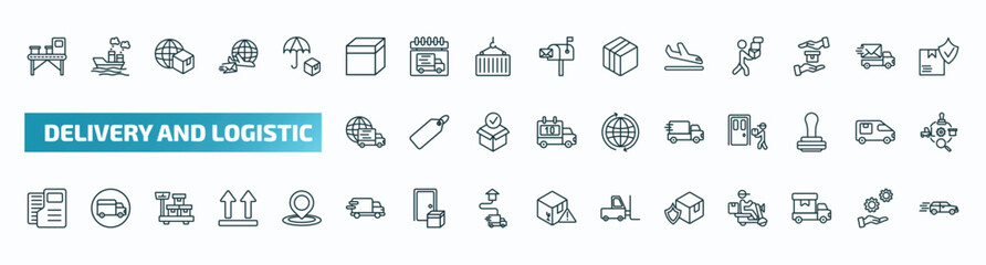 set of 40 special lineal delivery and logistic icons. outline icons such as delivery x ray, package, arrival, worldwide delivery, dossier, truck, shield, cargo, by car line icons.