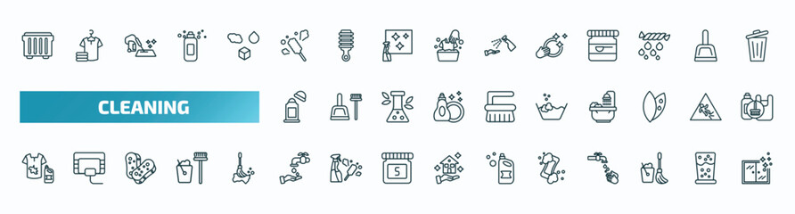 set of 40 special lineal cleaning icons. outline icons such as dumpster, duster, washing dishes, deodorizer, wash, stain remover, hand wash, hand soap, mop, cleaning window line icons.