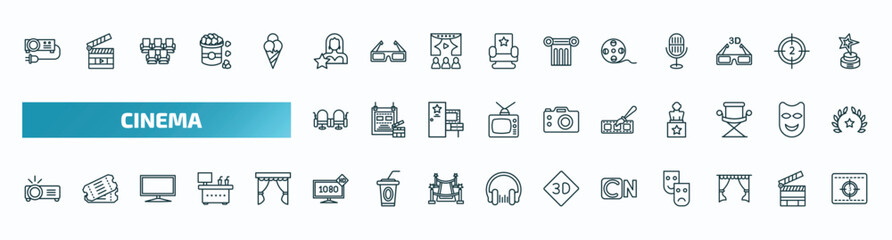 set of 40 special lineal cinema icons. outline icons such as projector with plug, actress, movie roll, cinema seats, animation, image projector, 1080p hd tv, , cinema curtains, movie countdown line