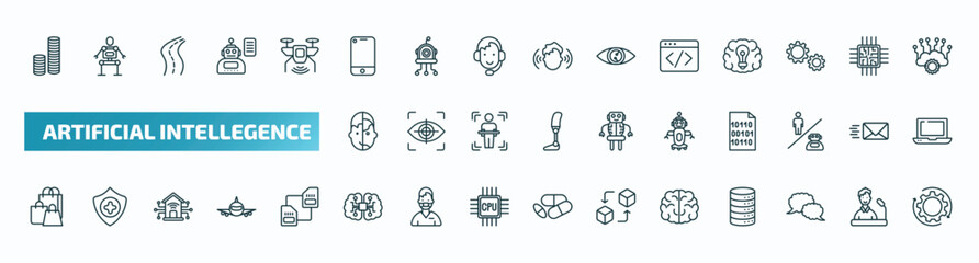 set of 40 special lineal artificial intellegence icons. outline icons such as coins, smartphone, code, humanoid, robot assistant, shopping bag, ai brain, brain, speech bubble, processing line icons.