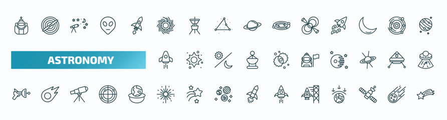 set of 40 special lineal astronomy icons. outline icons such as astronaut ingravity, black hole, pulsar, space rocket, astronaut and flag, space gun, big bang, spaceport, inclined satellite, falling