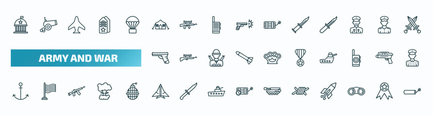 set of 40 special lineal army and war icons. outline icons such as federal agency, militar tent, combat knife, pistol, militaty medal, anchor, stealth, barbed, binoculars, explosive line icons.
