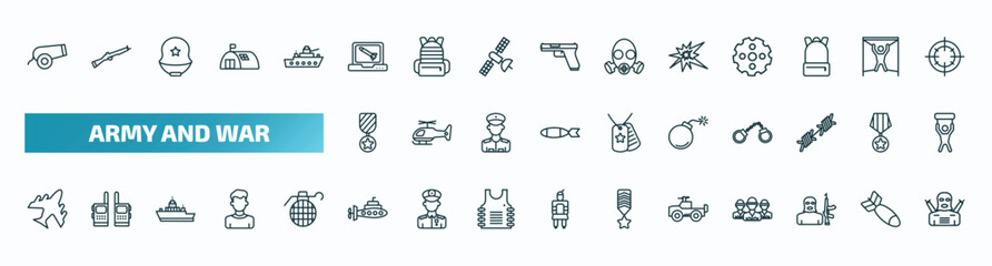 set of 40 special lineal army and war icons. outline icons such as canon, computer, explosion, in, bomb, plane, submarine front view, army car, terrorist, guerrilla line icons.