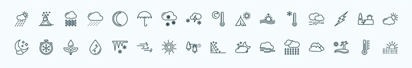 Fotobehang special lineal weather icons set. outline icons such as rainy day, waning moon, degree, cold, earthquake, freezing, icicle, patchy fog, foggy, subtropical climate, thermometer line icons. © Farahim