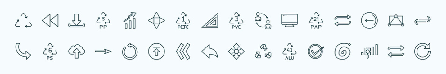 special lineal user interface icons set. outline icons such as recycable, arrow heading up, 3 pvc, 21 pap, data interconnected, 6 ps, restart, arrow address back, 41 alu, gap, replay arrows line