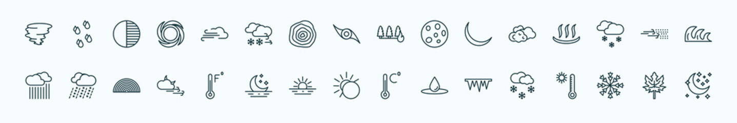 special lineal weather icons set. outline icons such as tornado, gust, wildfire, altostratus, sand storms, sleet, farenheit, eclipse, icy, snow, autumn line icons. - obrazy, fototapety, plakaty