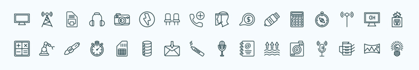 special lineal technology icons set. outline icons such as lcd screen, vintage digital camera, face shield, basic calculator, hd monitor, robotic hand, big, electronic cigarette, evaporation,