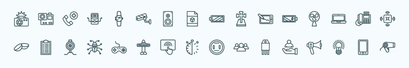 special lineal technology icons set. outline icons such as camera flash, smart watch, battery with two bars, battery power, telephone with fax, summary, antique gamepad, half hour, transistor, light