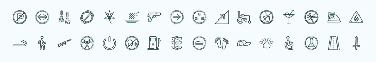 special lineal signs icons set. outline icons such as no parking, marijuana, because, do not touch, ironing, pedestrian, power button, traffic, cap, chemical products, roads line icons.