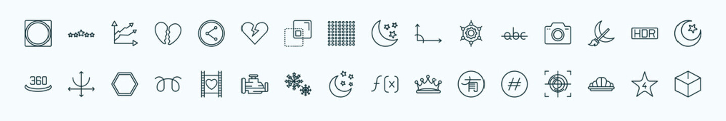 special lineal shapes icons set. outline icons such as vignette, net contents, half moon and star, strike through, hdr, parabola, film strip with heart, clear night, , reign, star with number four - obrazy, fototapety, plakaty