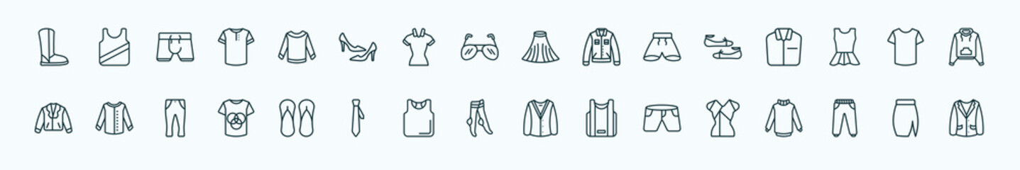 special lineal clothes icons set. outline icons such as wool boots, long sleeves t shirt, tulle skirt, flat shoes, t-shirt, collarless cotton shirt, sleepers, women socks, denim shorts, sweatpants,