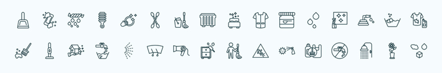 special lineal cleaning icons set. outline icons such as dust pan, washing dishes, clean room, liquid, wash, vacuum cleanin, spray, dusting, virus cleanin, shower head, rose cleanin line icons.
