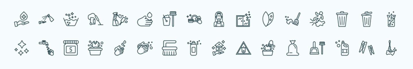 special lineal cleaning icons set. outline icons such as sanitize, cleaning tools, charwoman, broom cleanin, garbage, hands cleanin, washing hand, shampoo, washing clothes, , clothes peg line