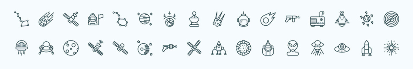 special lineal astronomy icons set. outline icons such as big dipper, constellation, aerolite, laser gun, space junk, ufo flying, space module, big satellite, astronaut ingravity, alien with