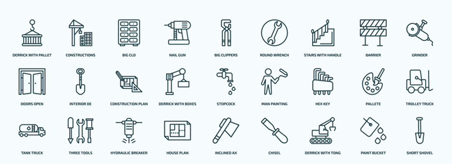 special lineal construction icons set. outline icons such as derrick with pallet, nail gun, stairs with handle, doors open, derrick with boxes, hex key, tank truck, house plan, derrick tong, paint