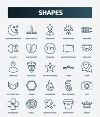 set of 25 special lineal shapes icons. outline icons such as half moon and star, engine coolant, radiators, trademark, character, 5 stars, poligon, foto, heart with shine, empty bucket line icons.