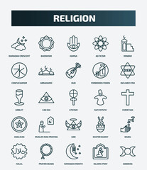 set of 25 special lineal religion icons. outline icons such as ramadan crescent moon, buddhism, minbar, oud, goblet, sufi mystic, muslim man praying, wudu, ramadan month, islamic pray line icons.