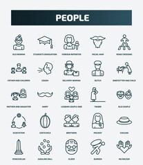 set of 25 special lineal people icons. outline icons such as old woman, students graduation hat, road crossing, delivery woman, mother and daughter, takbir, costa rica, chilean, elder, burden line