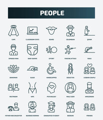 set of 25 special lineal people icons. outline icons such as cape, classroom stats, qiyam, effort, bohemian, seductive, hips, amazonian, graduated student, bedouin line icons.