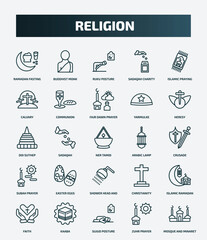 set of 25 special lineal religion icons. outline icons such as ramadan fasting, buddhist monk, islamic praying carpet, fajr dawn prayer, doi suthep, arabic lamp, easter eggs, islamic ramadan, sujud