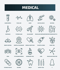 set of 25 special lineal medical icons. outline icons such as blood sample, pulse line, bacteria, gallbladder, breath control, tag with a cross, eye scanner medical, molecular structure, molar,