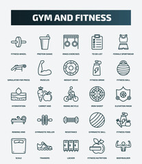 set of 25 special lineal gym and fitness icons. outline icons such as fitness wheel, protein shake, female sportwear, weight drive, hydratation, iron shoot, gymnastic roller, fitness food, locker,