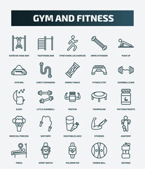 set of 25 special lineal gym and fitness icons. outline icons such as exercise hang bar, tightening bar, push up, energy snack, sleep, trampoline, skip rope, anatomy, pulsometer, power ball line
