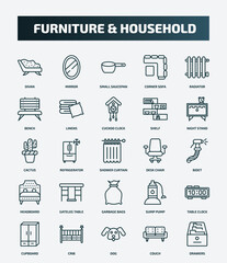 set of 25 special lineal furniture & household icons. outline icons such as divan, mirror, radiator, cuckoo clock, cactus, desk chair, gateleg table, table clock, dog, couch line icons.